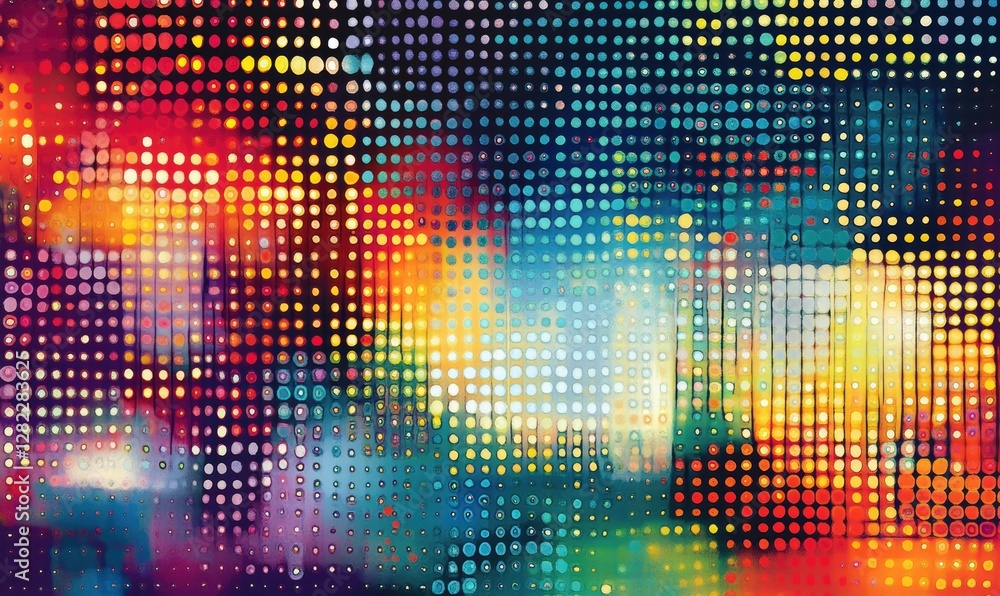 A colorful, abstract painting with many dots of different colors A colorful, abstract painting with many dots of different colors