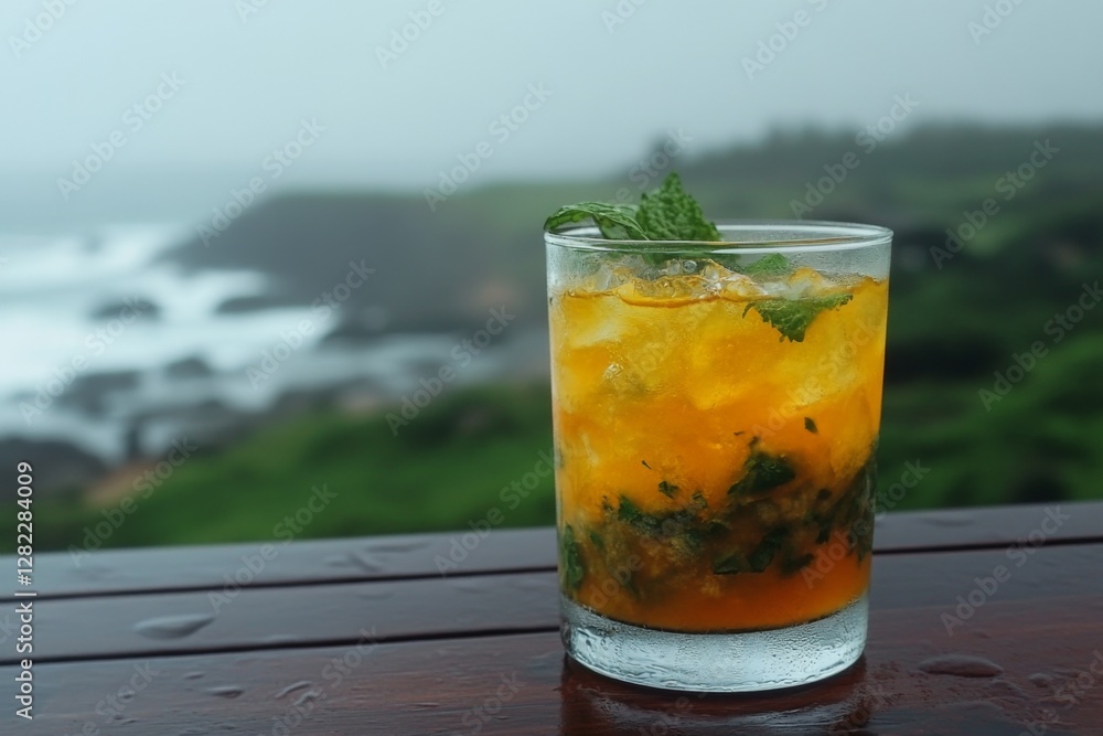 Freshly made citrus cocktail resting on a wooden table with a coastal view in the background during an overcast day