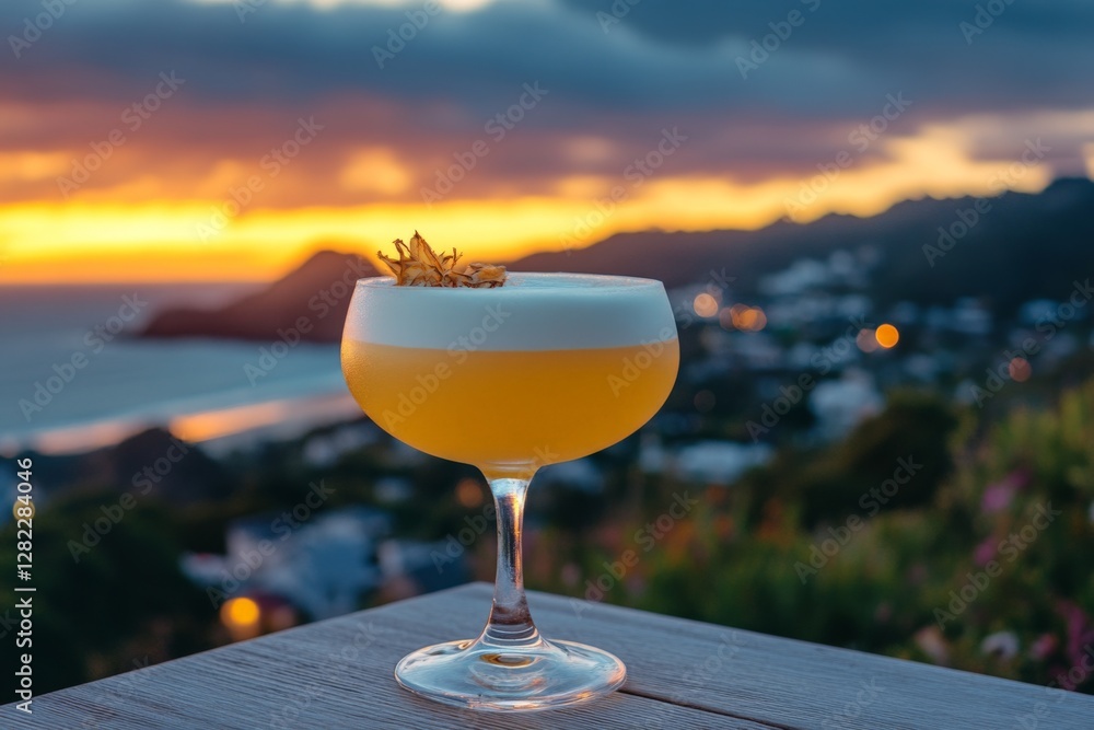 Evening cocktail with stunning sunset view over coastal landscape and city lights