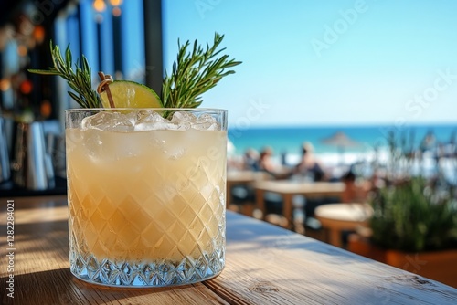 Obraz na płótnie Refreshing cocktail by the beach on a sunny day with vibrant ocean view and lively atmosphere w salonie
