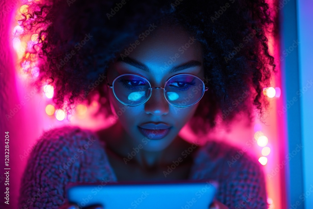Woman reading on a tablet surrounded by colorful lights in a dim room at night