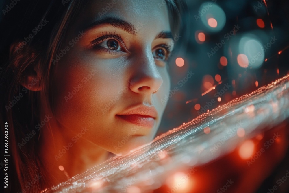 Captivating portrait of a young woman with mesmerizing gaze and colorful light reflections in a dark setting