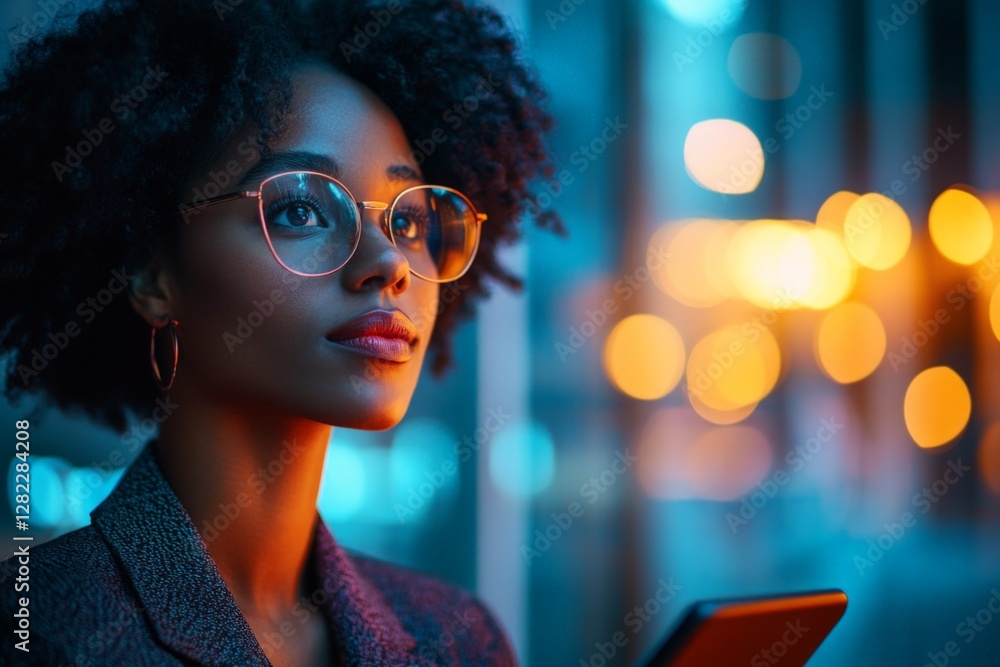 Young woman with curly hair and glasses gazes thoughtfully at a smartphone in a beautifully lit urban setting at night