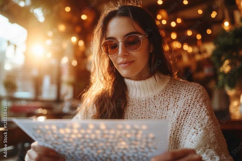 Woman in sweater reading menu at cozy cafe during sunset