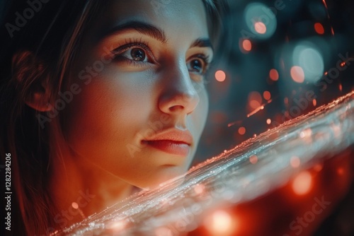 Captivating portrait of a young woman with mesmerizing gaze and colorful light reflections in a dark setting
