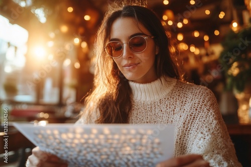 Woman in sweater reading menu at cozy cafe during sunset