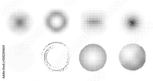 Halftone textures featuring circular dot patterns on a white background, each with varying densities and arrangements. The minimal design highlights texture diversity, contrast, and form.