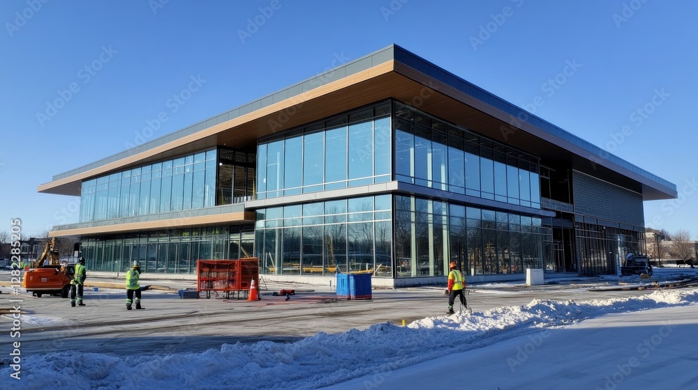 Obraz premium Modern glass office building under construction, winter