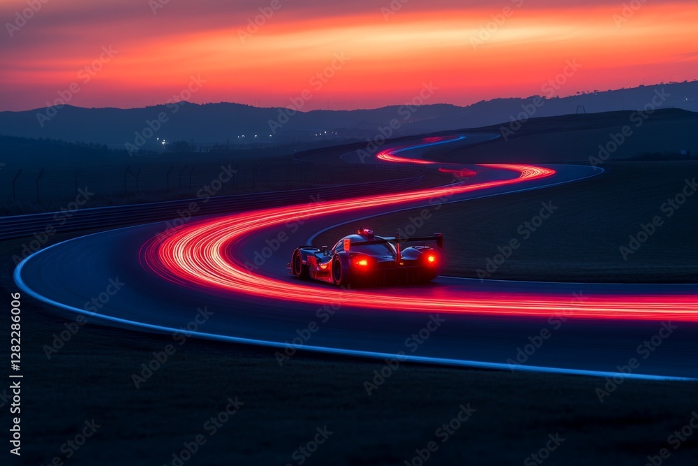 Racing car maneuvers on twisty track during stunning sunset with vibrant colors