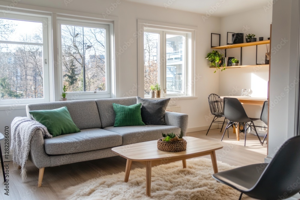 Fototapeta premium Bright modern living room with sofa, coffee table, and workspace.