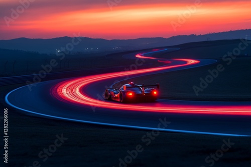 Obraz na płótnie Racing car maneuvers on twisty track during stunning sunset with vibrant colors w salonie