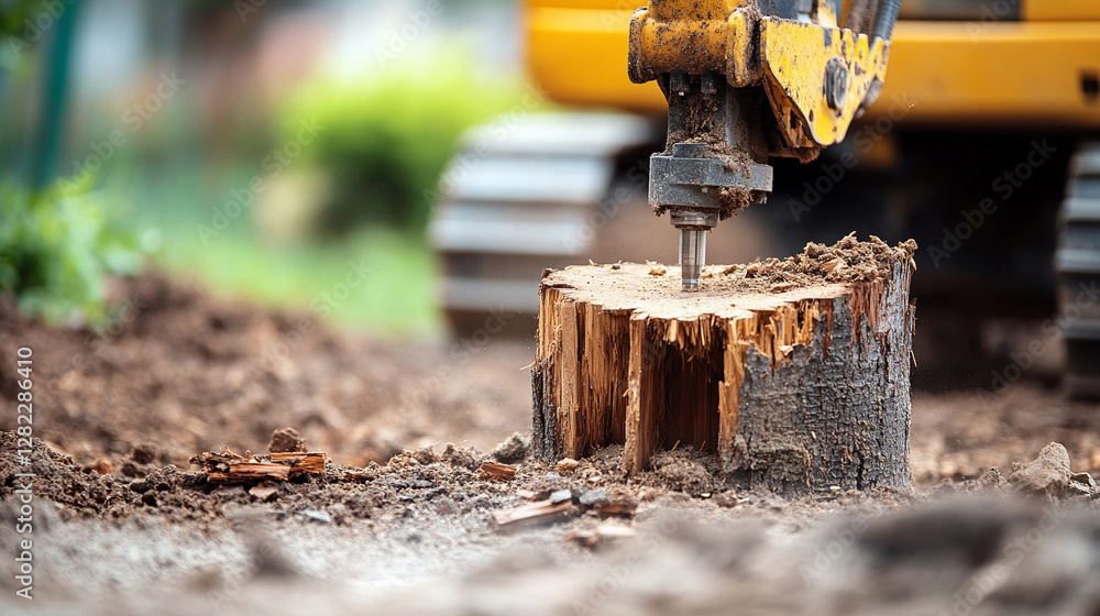 A stump grinder machine grinds a tree stump in a garden, creating wood chips. The process symbolizes renewal, land restoration, and clearing space for new growth. Selective focus, modern A stump grinder machine grinds a tree stump in a garden, creating wood chips. The process symbolizes renewal, land restoration, and clearing space for new growth. Selective focus, modern