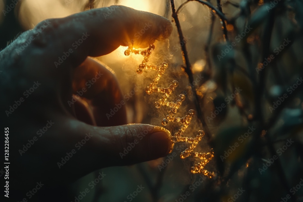 Hand holding illuminating droplets in a natural setting at dusk showcasing the beauty of nature