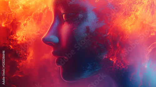 Surreal profile of human face merging with abstract digital elements.