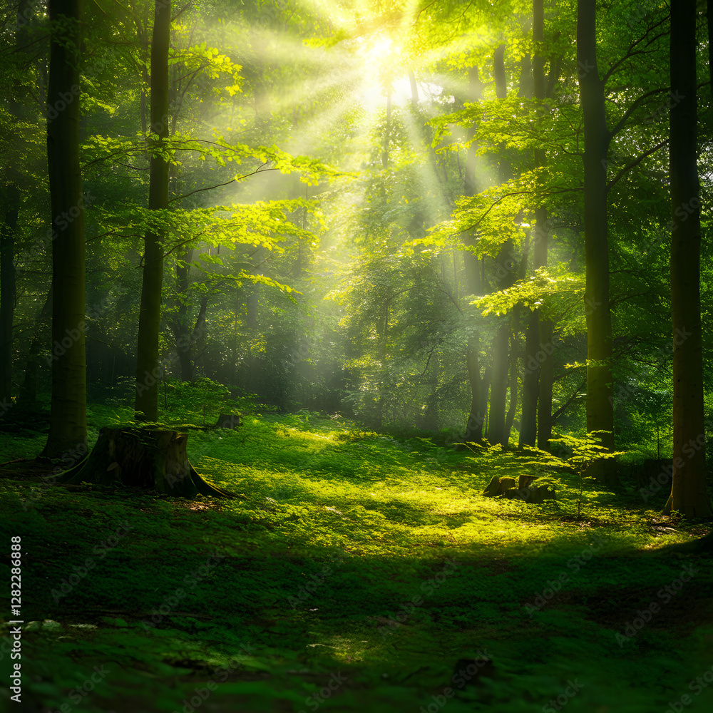 Fototapeta premium Sunlight filtering through dense green forest trees with misty atmosphere