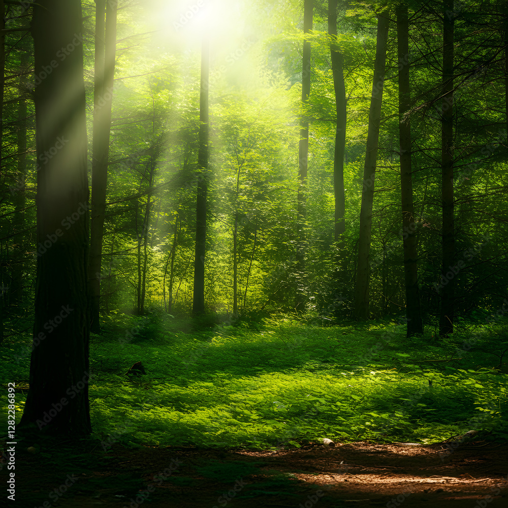 Fototapeta premium Sunlight filtering through dense green forest trees with misty atmosphere