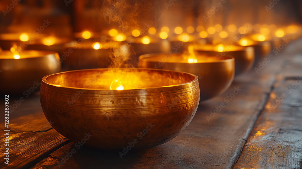 Obraz premium Close-up of a Tibetan singing bowl resting on a wooden surface with a mallet beside it, radiating calming vibrations Symbolizing meditation, healing, and spiritual balance in modern sound therapy