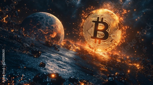 Fiery Bitcoin symbol over cosmic landscape with moon and bright sparks.