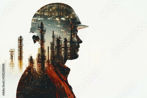 Silhouette of a male engineer with a hard hat, showcasing a double exposure of an industrial skyline, conveying strength and dedication in the engineering field photo