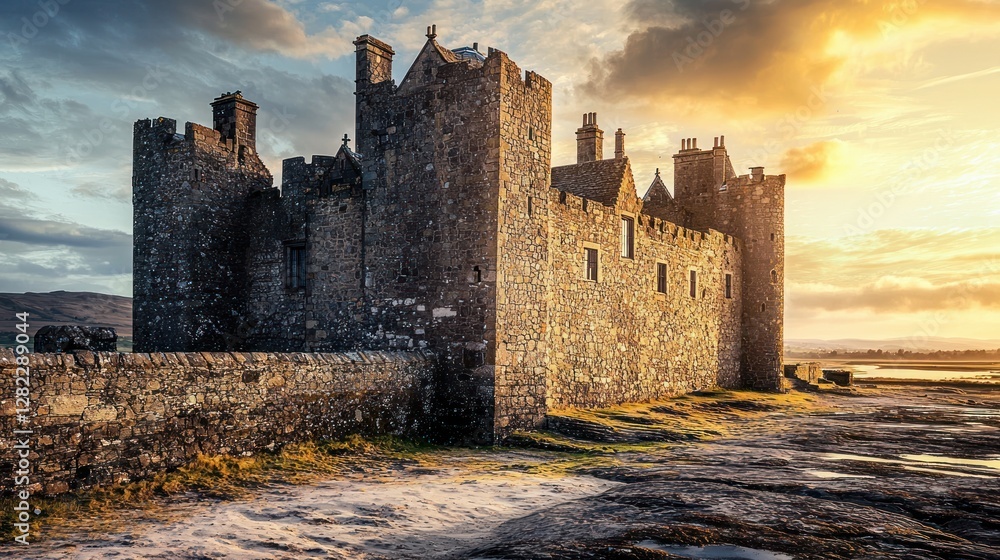 Fototapeta premium Majestic medieval castle at sunset by the sea.