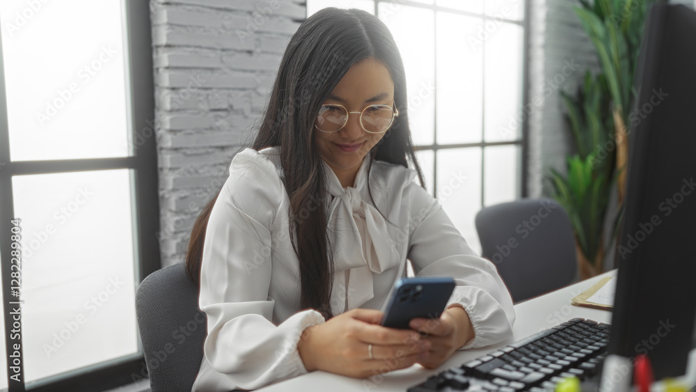 Woman sitting in an office using a smartphone with a computer on the desk, showcasing a modern and stylish workplace setting with natural light. Woman sitting in an office using a smartphone with a computer on the desk, showcasing a modern and stylish workplace setting with natural light.