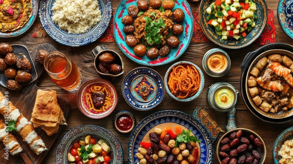 Fototapeta premium Colorful Middle Eastern or North African feast spread on a wooden table with various dishes.