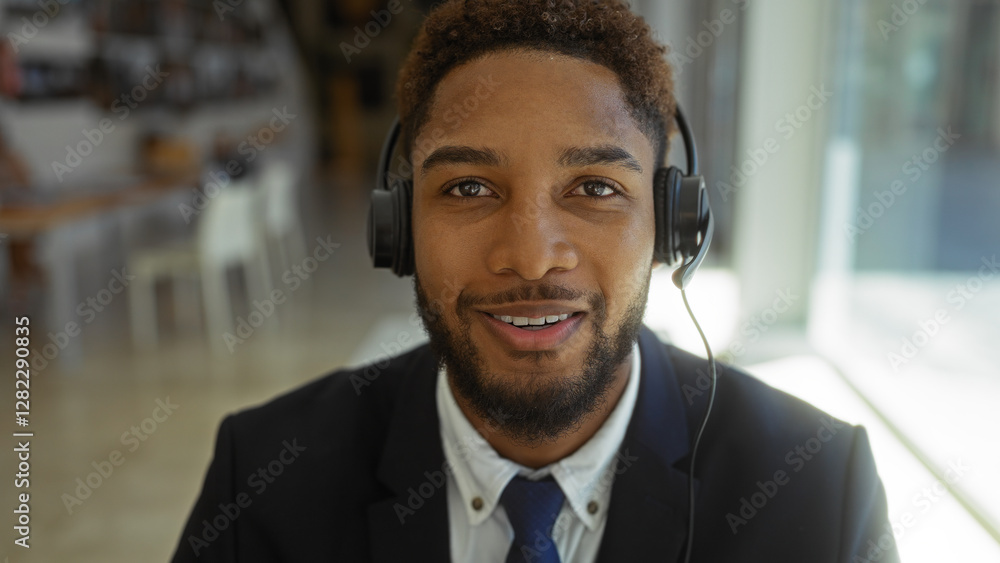 Young man wearing a headset in an office environment, smiling while seated at his workplace. Young man wearing a headset in an office environment, smiling while seated at his workplace.
