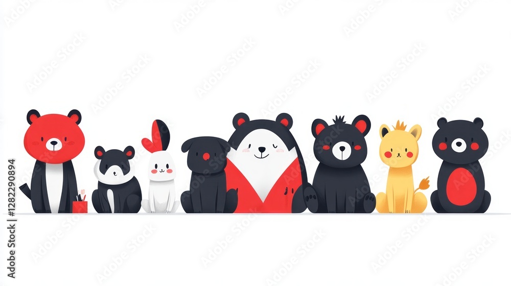 Obraz premium Cartoon animals in black red and yellow sit together