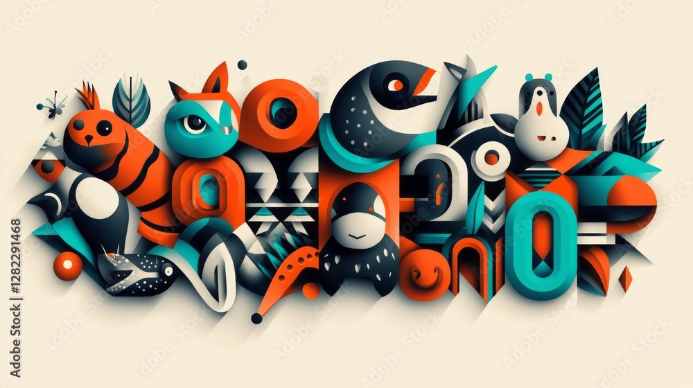 Fototapeta premium Geometric cartoon animals and shapes arranged in bright artwork