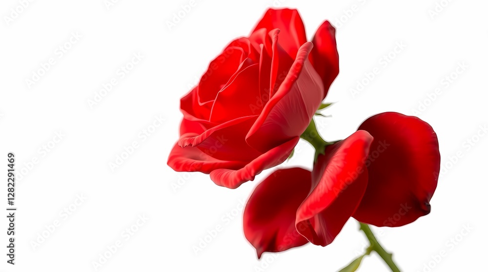 A detailed graphic on a pristine white background, depicting a photorealistic rendering of a single red rose, using rich saturated colors and a shallow depth of field. A detailed graphic on a pristine white background, depicting a photorealistic rendering of a single red rose, using rich saturated colors and a shallow depth of field.