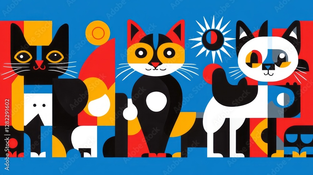 Fototapeta premium Three colorful geometric cats stand against a blue background