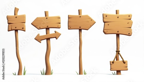 Fototapeta Naklejka Na Ścianę i Meble -  Cartoon Wooden Signposts Collection Rustic Arrows Blank Boards Game Assets
