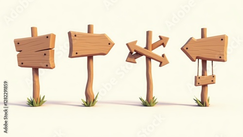 Cartoon Wooden Signposts Collection Arrows Blank Rustic Game Design Illustration