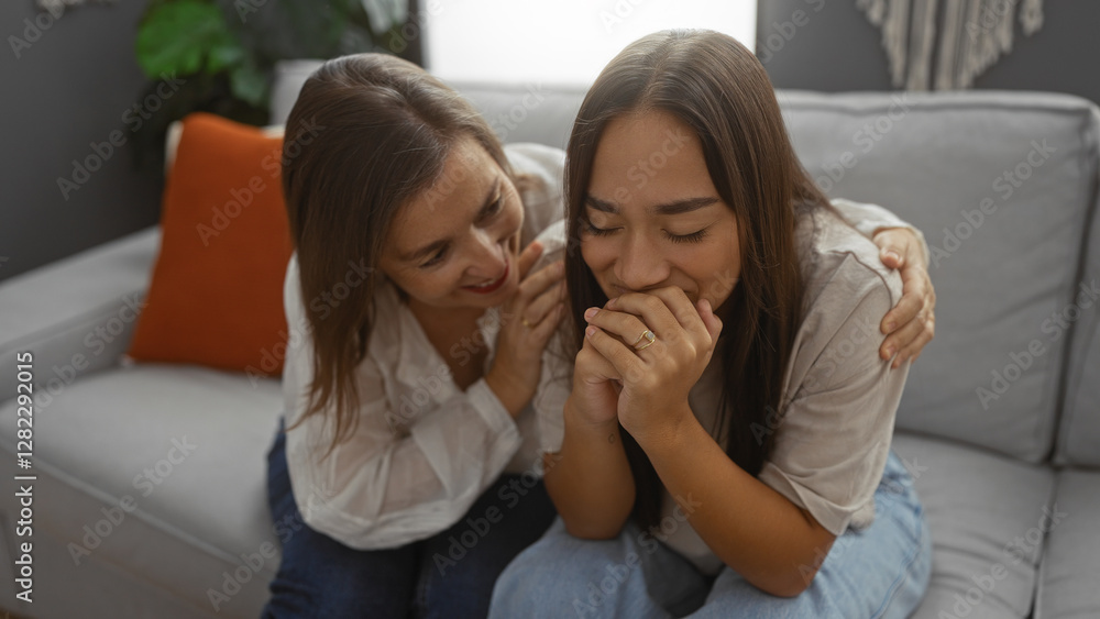 Mother comforting daughter on sofa in cozy living room interior Mother comforting daughter on sofa in cozy living room interior