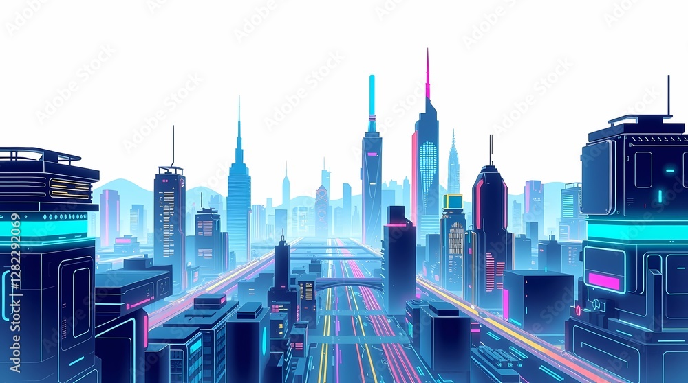 Fototapeta premium A digital illustration of a futuristic cityscape, rendered in neon colors against a white background, with sharp, clean lines and a polished look.