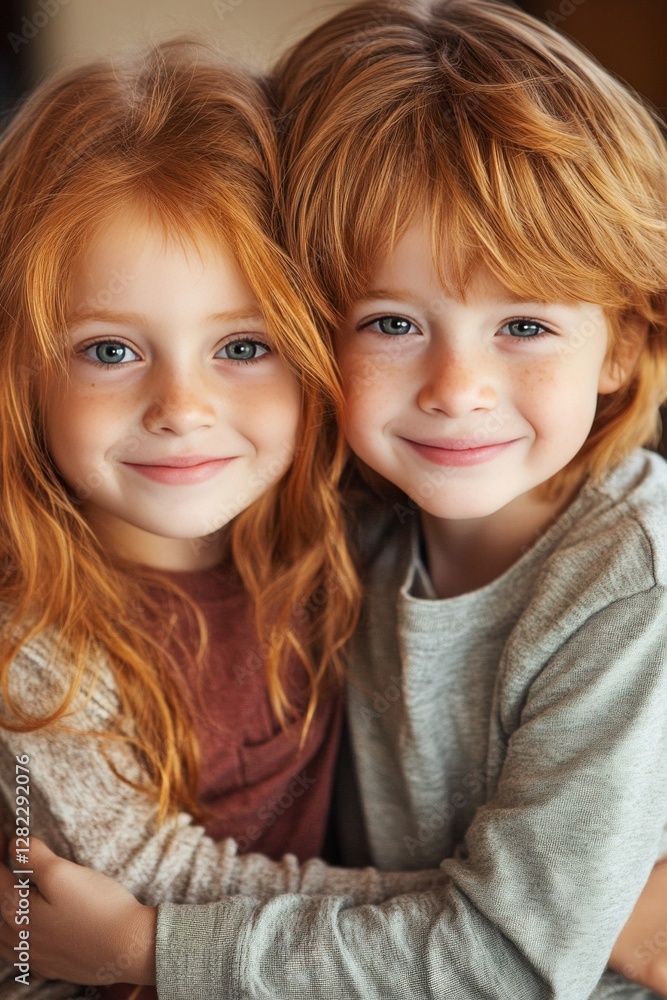 Adorable redhead siblings share a warm hug, their bright eyes and smiles capturing a moment of pure joy. Adorable redhead siblings share a warm hug, their bright eyes and smiles capturing a moment of pure joy.