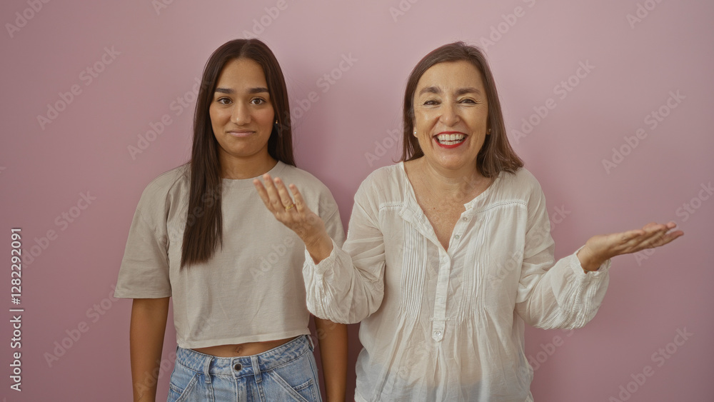 Mother and daughter standing together against a pink background, both women showcasing different expressions as they share a moment of family love and friendship. Mother and daughter standing together against a pink background, both women showcasing different expressions as they share a moment of family love and friendship.