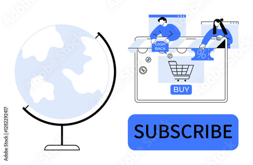 Online shopping elements around a tablet screen with a shopping cart, cashback offers, and discount tags. Ideal for e-commerce, subscriptions, global business, digital marketing, consumer behavior