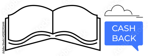 Open book with pages spread out blue dialog box with Cash Back text next to cloud shape. Ideal for education, savings, rewards, e-commerce, learning, financial literacy, promotions. Abstract line