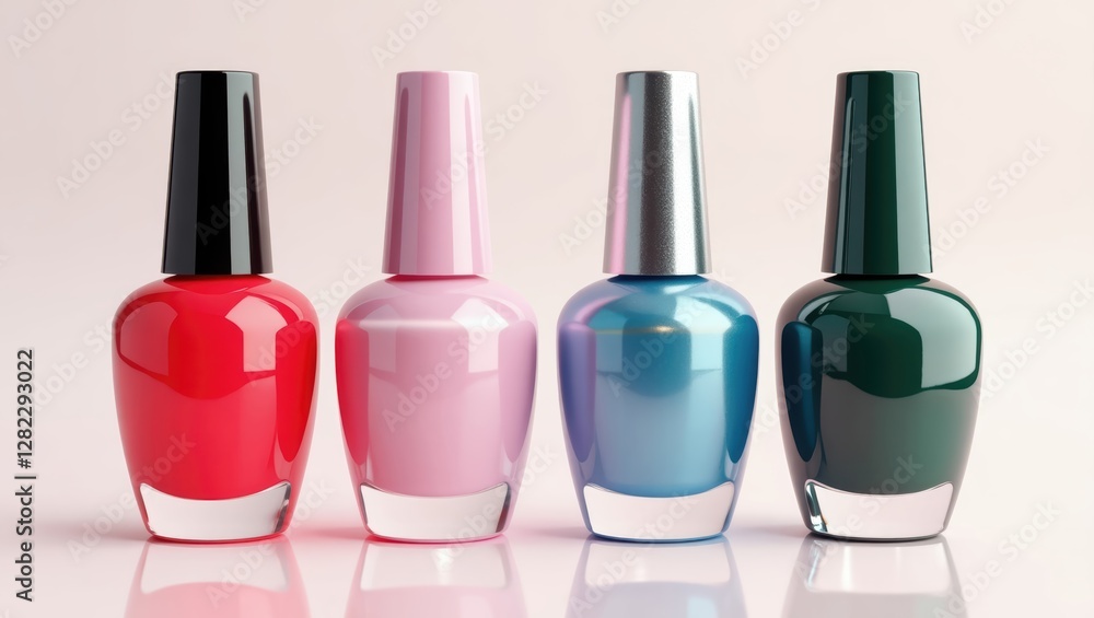 Four Bottles of Colorful Nail Polish in a Row Beauty Product Display Manicure Accessories Four Bottles of Colorful Nail Polish in a Row Beauty Product Display Manicure Accessories