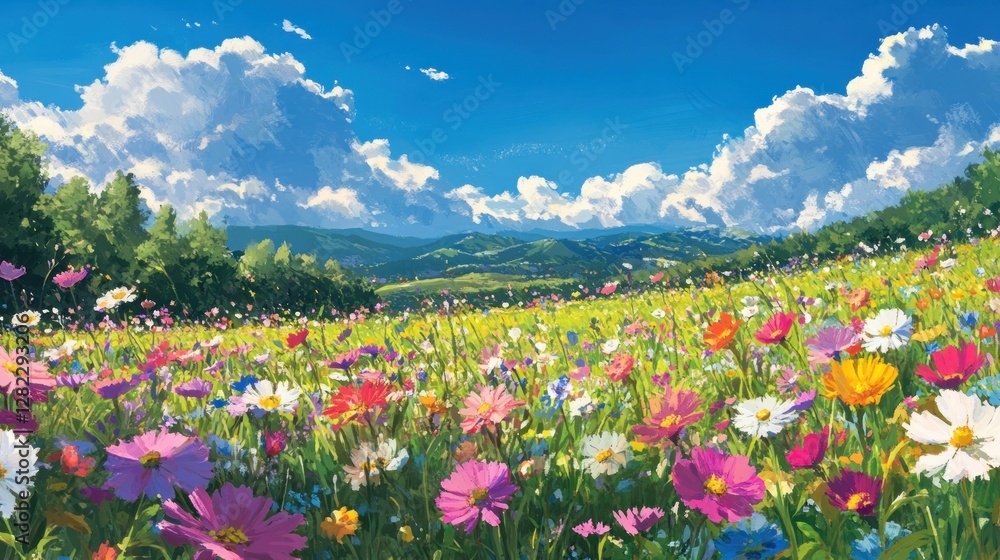 Fototapeta premium Vibrant colorful flower field under a vibrant blue sky with fluffy white clouds, rolling green hills in the distance.