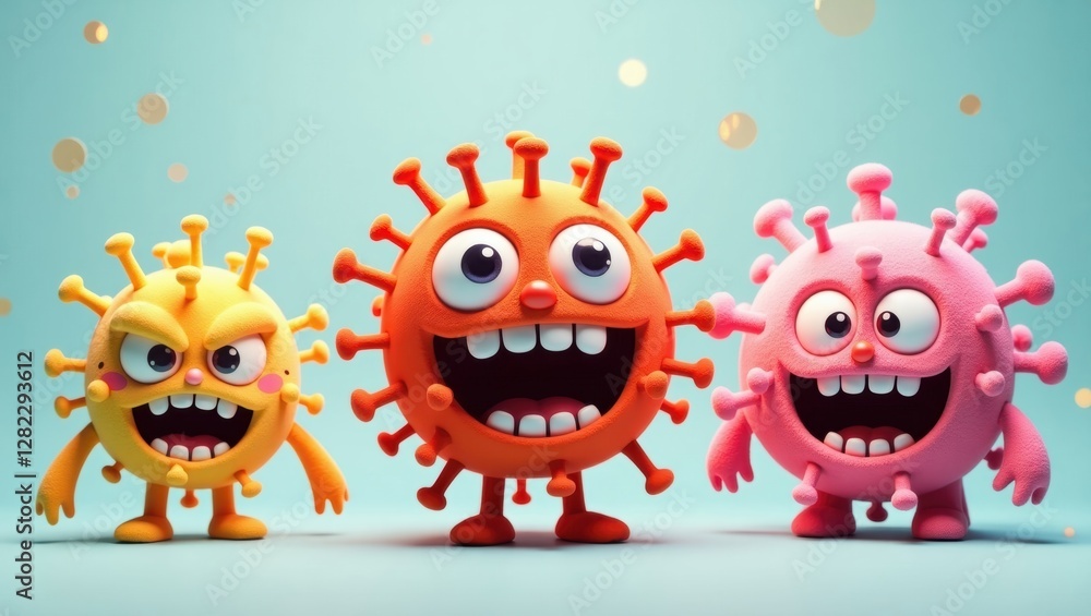 Naklejka premium Three Cheerful Cartoon Virus Characters Happy Angry and Giggly Expressions 3D Render