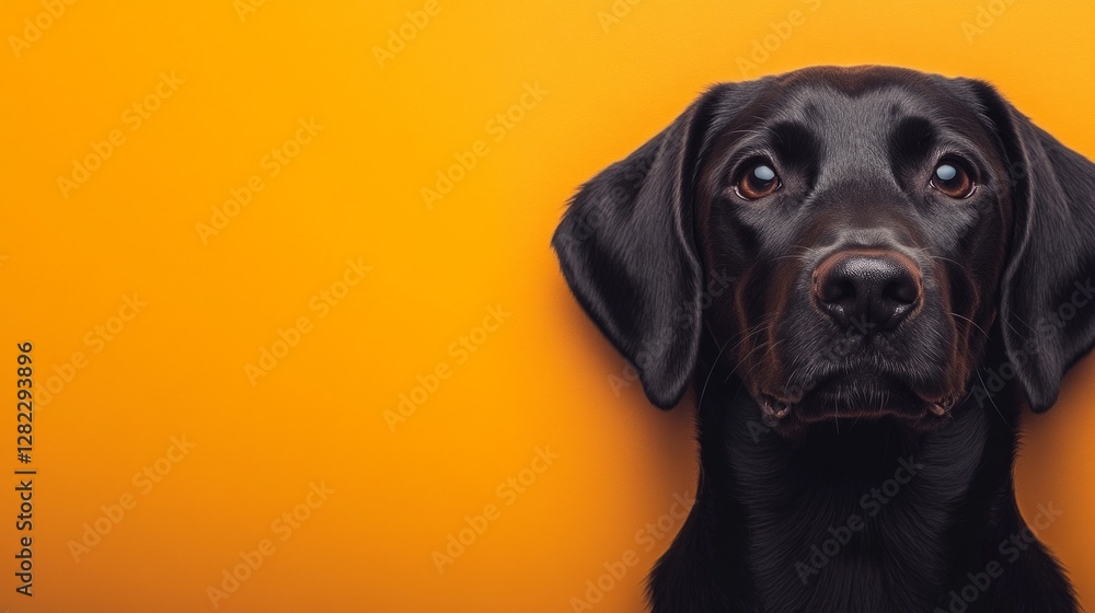 Adorable black Labrador stares intently against a vibrant orange background. Adorable black Labrador stares intently against a vibrant orange background.