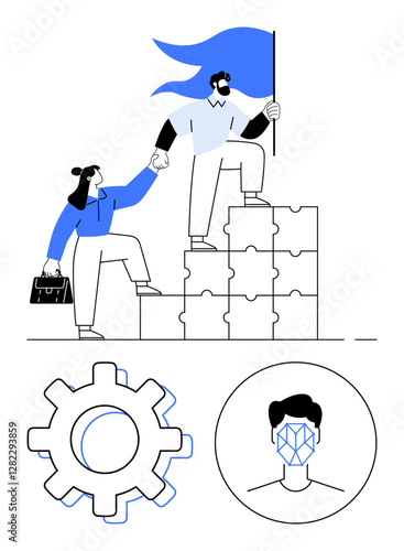 Individuals working together, climbing puzzle blocks, gear for innovation, facial recognition symbolizing technology. Ideal for teamwork, leadership, problem-solving, AI, innovation success