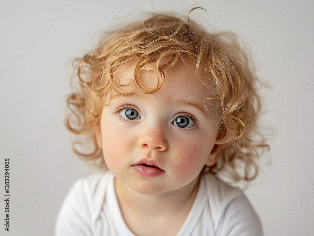 Charming toddler with curly hair and striking blue eyes gazes innocently at the camera Charming toddler with curly hair and striking blue eyes gazes innocently at the camera