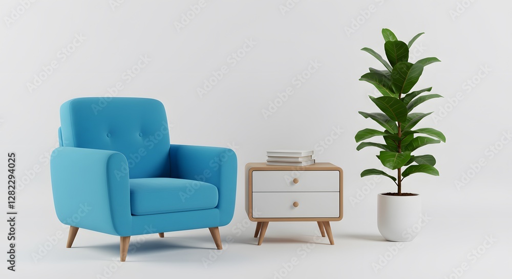 Elegant Living Room Setup – Cozy Blue Chair, Stylish Table, and Indoor Plant Elegant Living Room Setup – Cozy Blue Chair, Stylish Table, and Indoor Plant