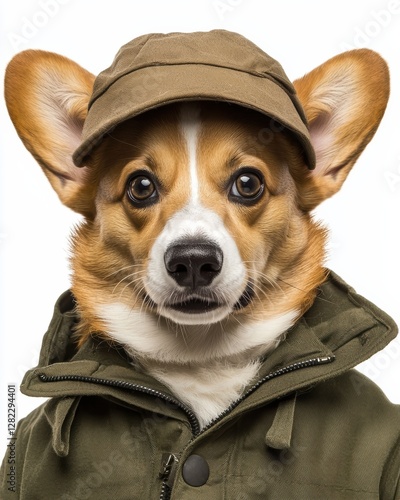 Corgi dog wearing stylish hat indoor studio pet portrait fun environment close-up pet fashion concept photo