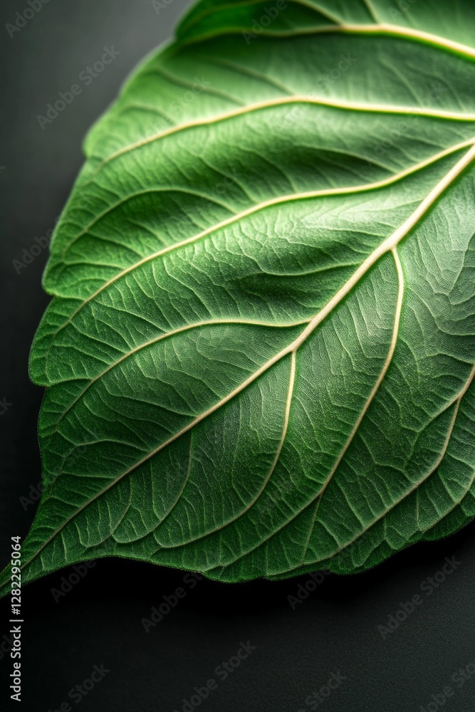 Close-up of a vibrant green leaf, showcasing its intricate veins and texture against a dark background.