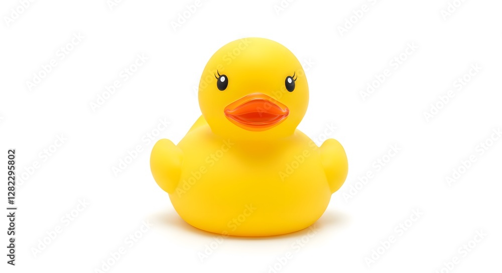 Rubber Duck Toy on White Background, Low-Angle Shot, Playful Bath Accessory