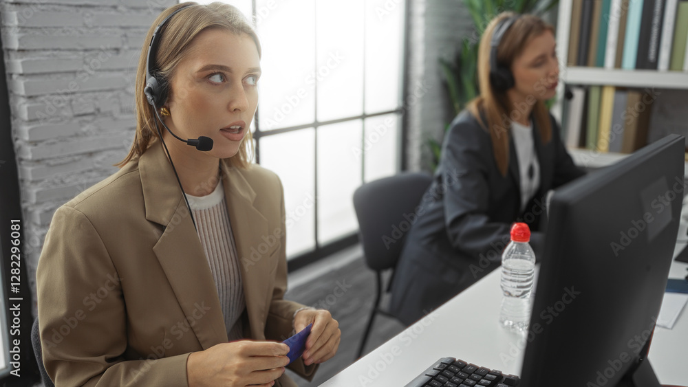 Two businesswomen on a video call in an office, one holding a credit card, indicating a financial discussion or transaction setting in a professional workspace. Two businesswomen on a video call in an office, one holding a credit card, indicating a financial discussion or transaction setting in a professional workspace.